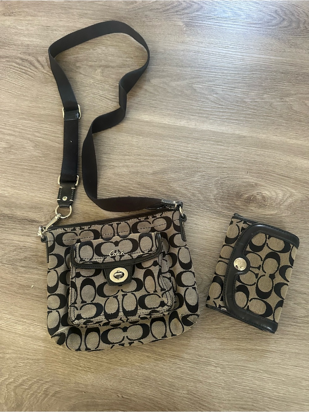 Coach Tan and Black Signature Crossbody with Matching Wallet